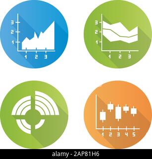 Chart and graph flat design long shadow glyph icons set. Radial diagram with increasing values. Area charts. Vertical scatter histogram. Business rese Stock Vector