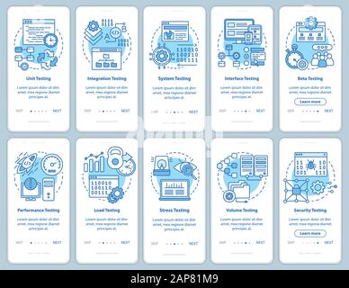 Software testing blue onboarding mobile app page screen vector template. Performance analysis. Walkthrough website steps with linear illustrations. UX Stock Vector
