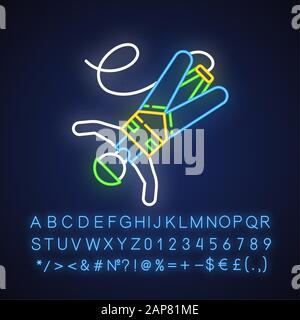 Bungee jumping neon light icon. Extreme sport. Bungy jumper falling down. Adrenaline recreation. Risky leap with rope. Glowing sign with alphabet, num Stock Vector