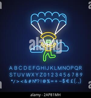 Paragliding neon light icon. Parachuting , paratrooping. Air extreme sport. Skydiving, hang gliding. Flights in sky and jumps with parachute. Glowing Stock Vector