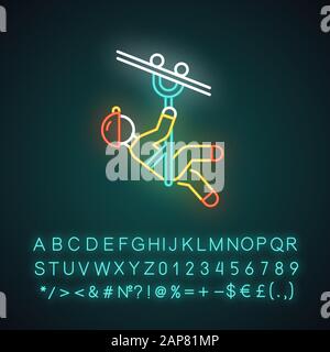 Zip line neon light icon. Canopy tour. Person with pulley on cable. Wire descend. Man sliding down rope. Extreme sport. Glowing sign with alphabet, nu Stock Vector