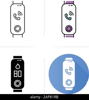 Fitness tracker with incoming call on display icons set. Wellness device with ringing phone symbol. Gadget with phone call notification. Linear, black Stock Vector