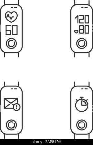 Fitness tracker health monitoring linear icons set. Wellness gadget with blood pressure and heart rate indicators. Thin line contour symbols. Isolated Stock Vector