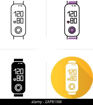 Fitness tracker with blood pressure measuring icons set. Wellness device with tonometer. Smartwatch with cardiovascular condition control. Linear, bla Stock Vector