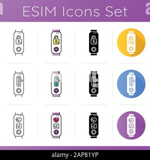 Fitness tracker with smart home control function icons set. Device with heart rate control. Open padlock, digital door lock pictogram. Linear, black a Stock Vector