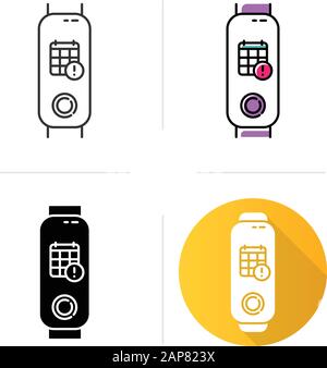 Fitness tracker with calendar notifications option icons set. Wellness device with digital events planner, deadline reminder. Linear, black and color Stock Vector