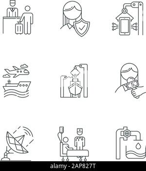 Industry types linear icons set. Life insurance. Hospitality industry. Electronics. Media. Healthcare. Steel industry. Thin line contour symbols. Isol Stock Vector