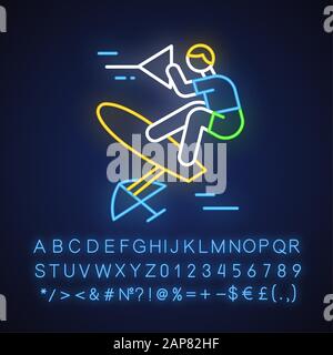 Wakeboarding neon light icon. Sling shot. Extreme water sport leisure. Rider standing on wakeboard. Adrenaline recreation. Outdoor activity. Glowing a Stock Vector
