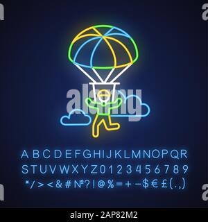 Parachuting neon light icon. Paragliding, paratrooping. Air extreme sport. Skydiving, hang gliding. Flights in sky and jumps with parachute. Glowing a Stock Vector