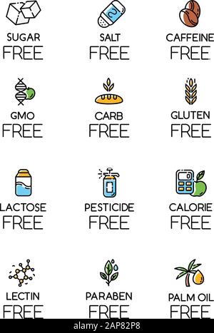 Product free ingredient color icons set. No lectine, paraben, gmo, gluten. Organic food, healthy eating. Low calories meals. Dietary without allergens Stock Vector