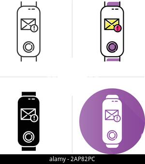 Fitness tracker with incoming mail notification on display icons set. Electronic device with new correspondence reminder. Linear, black and color styl Stock Vector
