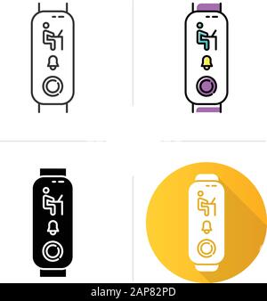 Fitness tracker with working man on display icons set. Wellness device with work hours notification. Digital device with employee reminder. Linear, bl Stock Vector