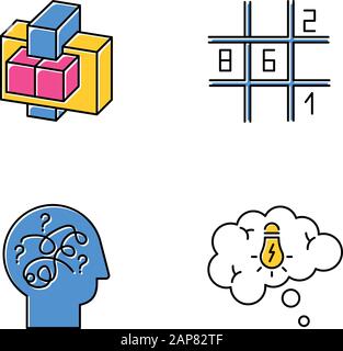 Puzzles and riddles color icons set. Sudoku. Puzzled mind. Problem solving process. Thought bubble. Mechanical puzzles. Logic games. Mental exercise. Stock Vector