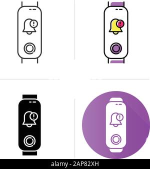 Fitness tracker with notification sign on display icons set. Wearable healthy lifestyle gadget with reminder pictogram. Linear, black and color styles Stock Vector