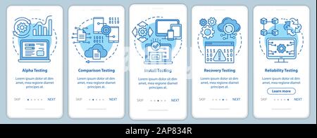 Software performance testing blue onboarding mobile app page screen vector template. Quality control. Walkthrough website steps with linear illustrati Stock Vector