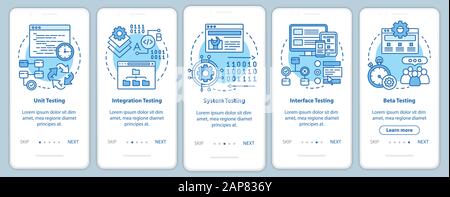 Functional software testing blue onboarding mobile app page screen vector template. Usability analysis. Walkthrough website steps with linear illustra Stock Vector