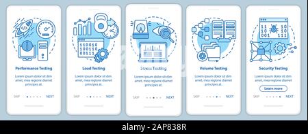 Non-functional software testing blue onboarding mobile app page screen vector template. Program analysis. Walkthrough website steps with linear illust Stock Vector