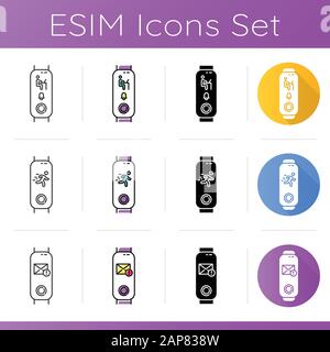 Fitness tracker functions icons set. Linear, black and color styles. Wellness gadget with running man, employee pictograms. Modern device with inbox m Stock Vector