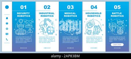 Types robotics onboarding mobile web pages vector template. Cybernetics. Responsive smartphone website interface idea with linear illustrations. Webpa Stock Vector