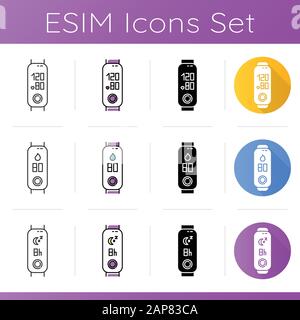 Fitness tracker health monitoring icons set. Linear, black and color styles. Wellness gadget with blood pressure and humidity indicators. Sleep time p Stock Vector