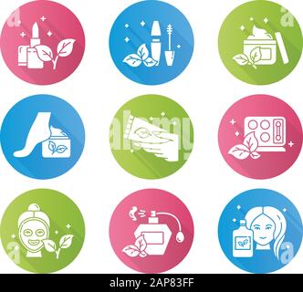 Organic cosmetics flat design long shadow glyph icons set. Lipstick. Perfume, fragrance. Skincare. Eyeshadow kit. Facial mask. Shampoo. Deodorant. Nat Stock Vector