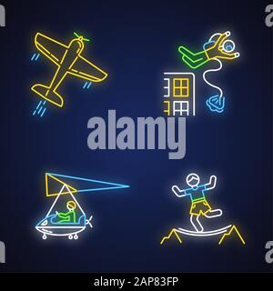 Air extreme sport neon light icons set. Aerobatics, base jumping, micro lighting and highlining. Outdoor activities. Adrenaline entertainment, risky r Stock Vector