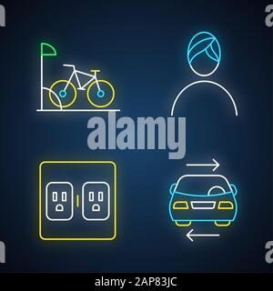 Apartment amenities neon light icons set. Bike parking, spa, shared car service, charging outlets. Residential services. Luxuries for dwelling inhabit Stock Vector