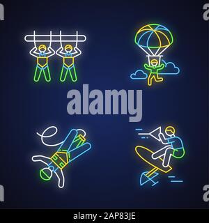 Air extreme sport neon light icons set. Giant swing, parachuting, bungee jumping and wakeboarding. Outdoor activities. Adrenaline entertainment and ri Stock Vector