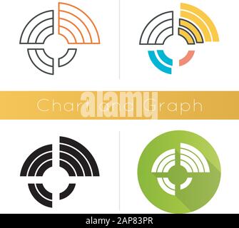 Radial diagram icon. Round chart, graph. Radar diagram. Multivariate data. Spider chart. Info value extend from central point. Flat design, linear and Stock Vector