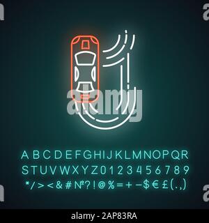 Auto racing neon light icon. Two-seater vehicle on circuit track. Automobile drift. Sliding motorcar. Production car race. Glowing sign with alphabet, Stock Vector