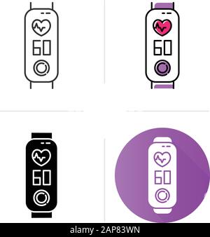 Fitness tracker with heart rate monitoring icons set. Wellness device with heartbeat control function. Fitness app with pulse display. Linear, black a Stock Vector