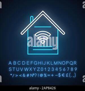 Smart home features neon light icon. Handle with appliances via internet. Control household. Wi-Fi access indoors. Glowing sign with alphabet, numbers Stock Vector
