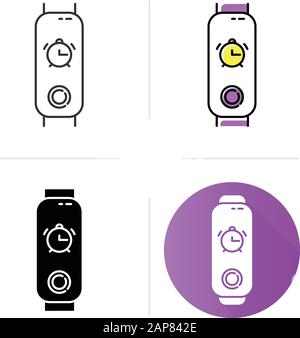 Fitness tracker with alarm clock function icons set. Wellness device with waking up option. Active lifestyle gadget with wakeup reminder. Linear, blac Stock Vector