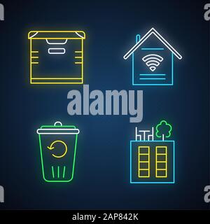 Apartment amenities neon light icons set. Smart home features, storage, recycling service, rooftop deck. Luxuries for dwelling inhabitants. Glowing si Stock Vector