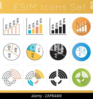 Chart and graph icons set. Vertical histogram with percentage rate. Pie diagram with segments. Radial chart for presentation. Flat design, linear, bla Stock Vector