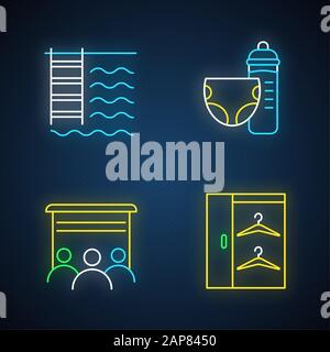 Apartment amenities neon light icons set. Swimming pool, nursery, movie theater, walk in closet. Residential services. Luxuries for dwelling inhabitan Stock Vector