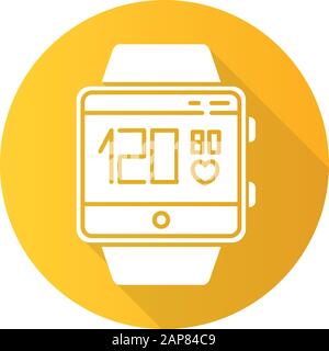 Blood pressure and heart rate tracking smartwatch function orange flat design long shadow glyph icon. Fitness wristband. Measurements and indicators o Stock Vector