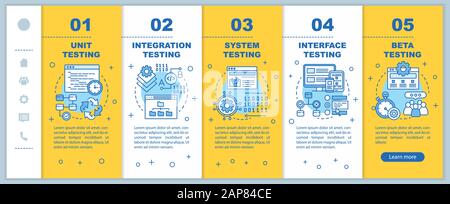 Functional software testing yellow onboarding mobile web pages vector template. Responsive smartphone website interface idea with linear illustrations Stock Vector