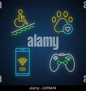 Apartment amenities neon light icons set. Wheelchair access, pets allowed, game room, free wifi. Property conveniences for renters. Residential servic Stock Vector