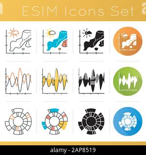 Chart and graph icons set. Temperature map. Sesmic activity. Vibration visualization. Sunburst radial diagram. Business. Flat design, linear, black an Stock Vector