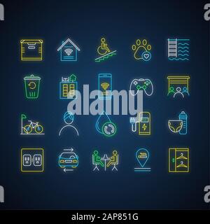 Apartment amenities neon light icons set. Residential services. Comfortable house signs. Luxuries for dwelling inhabitants. Property conveniences. Glo Stock Vector