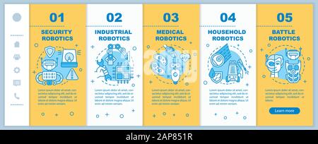 Types robotics onboarding mobile web pages vector template. Cybernetics. Responsive smartphone website interface idea with linear illustrations. Webpa Stock Vector