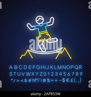 Highlining neon light icon. Slacklining. Walking and balancing on tightrope. Slackliner in mountains. Extreme sport stunt. Walker on rope. Glowing alp Stock Vector