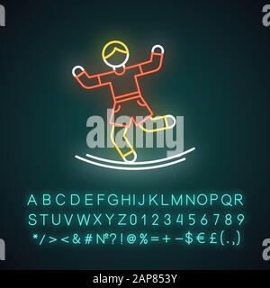 Slacklining neon light icon. Balance training. Slack rope, tightrope walking. Person balancing on suspended webbing. Glowing sign with alphabet, numbe Stock Vector