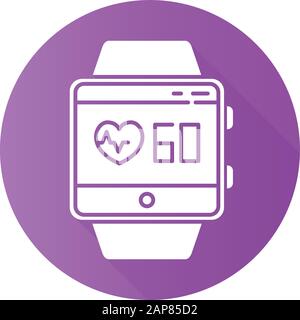 Heart rate tracking smartwatch function purple flat design long shadow glyph icon. Indicators of health. Measurement of heart beats. Fitness wristband Stock Vector