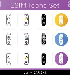 Fitness tracker time control functions icons set. Linear, black and color styles. Wearable gadget with alarm clock, stop watch pictograms. Lost phone Stock Vector