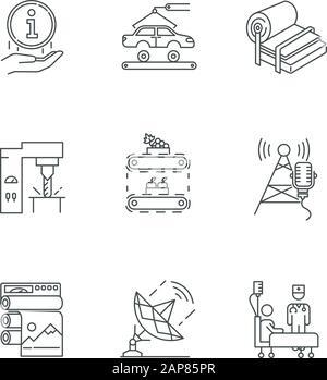 Industry types linear icons set. Information sign. Car, auto. Steel industry. Fruit supply. Broadcasting. Healthcare. Thin line contour symbols. Isola Stock Vector
