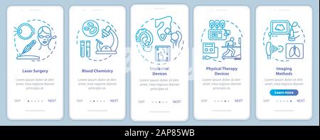 Biomedical engineering onboarding mobile app page screen vector template. Laser surgery. Blood chemistry. Walkthrough website steps with linear illust Stock Vector