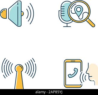 Blue voice control apps color icons set. Mobile voice commands idea. Sound recorder, smart devices, search request. Innovative wireless technology. Sp Stock Vector