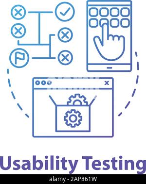 Usability testing concept icon. Software development stage idea thin line illustration. User interaction with system. App programming. IT project mana Stock Vector